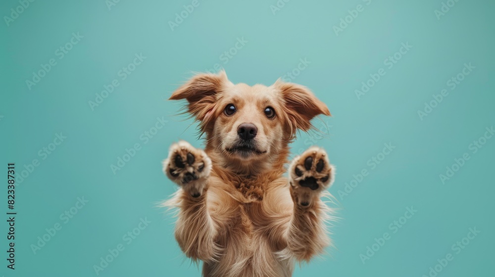 A dog with its paw raised in the air, looking at the camera A dog with its paw raised in the air, looking at the camera