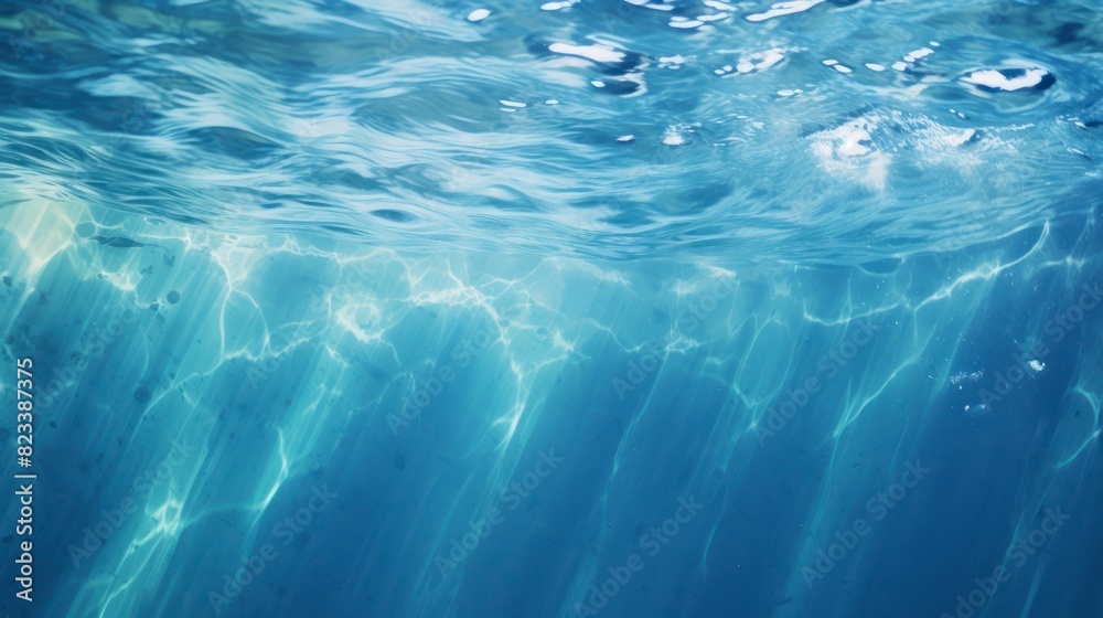 Fototapeta premium Underwater background with ripples and bubbles. Blue water surface.
