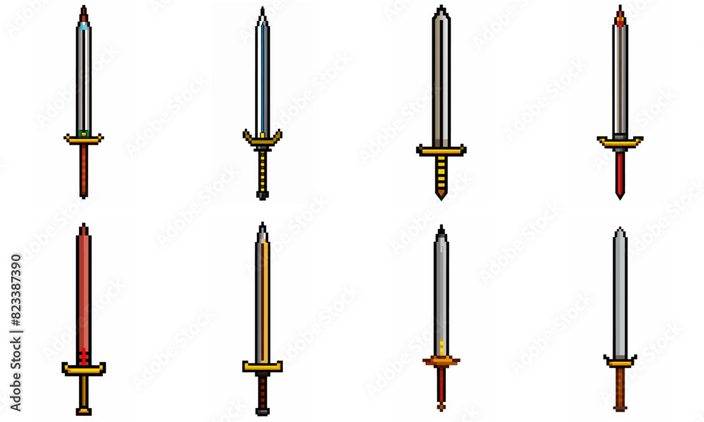 Pixel art weapon sword craft set. Retro rpg style swords isolated. Computer video game swords clip art. Pixelated longsword, dagger. Swords isolated. Mine vector on white background. Pixel art weapon sword craft set. Retro rpg style swords isolated. Computer video game swords clip art. Pixelated longsword, dagger. Swords isolated. Mine vector on white background.
