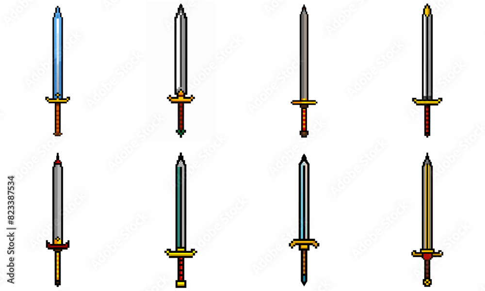 Pixel art weapon sword craft set. Retro rpg style swords isolated. Computer video game swords clip art. Pixelated longsword, dagger. Swords isolated. Mine vector on white background. Pixel art weapon sword craft set. Retro rpg style swords isolated. Computer video game swords clip art. Pixelated longsword, dagger. Swords isolated. Mine vector on white background.