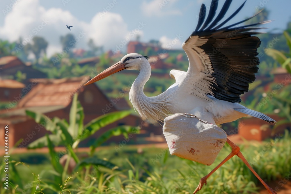 Fototapeta premium majestic white stork carries a bag in its beak, flying over a quaint village with people in a poor quarter below.