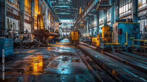 Empty industrial factory interior with railroad tracks for manufacturing or industrial design