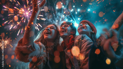 A group of friends watching fireworks, faces illuminated with awe and joy. Dynamic and dramatic composition, with cope space