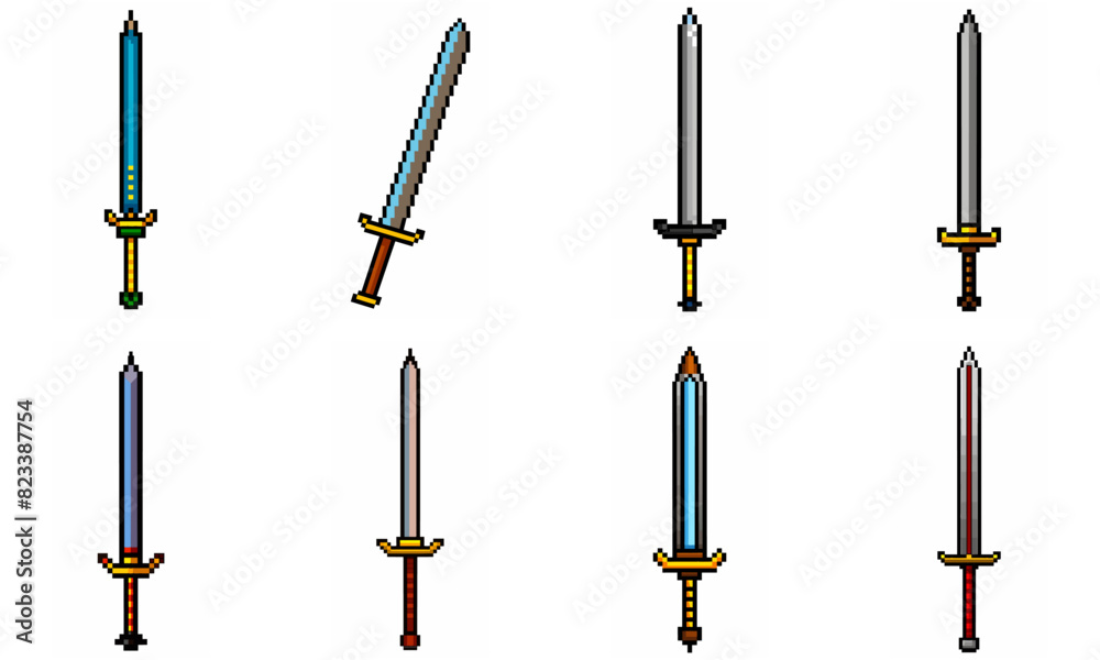 Pixel art weapon sword craft set. Retro rpg style swords isolated. Computer video game swords clip art. Pixelated longsword, dagger. Swords isolated. Mine vector on white background. Pixel art weapon sword craft set. Retro rpg style swords isolated. Computer video game swords clip art. Pixelated longsword, dagger. Swords isolated. Mine vector on white background.