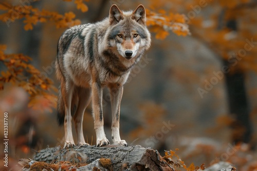 A grey wolf stands on the trunk of trunk in woods