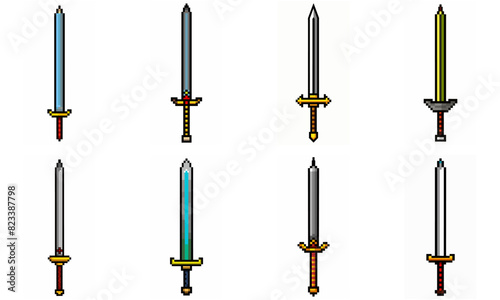 Pixel art weapon sword craft set. Retro rpg style swords isolated. Computer video game swords clip art. Pixelated longsword, dagger.  Swords isolated. Mine vector on white background.