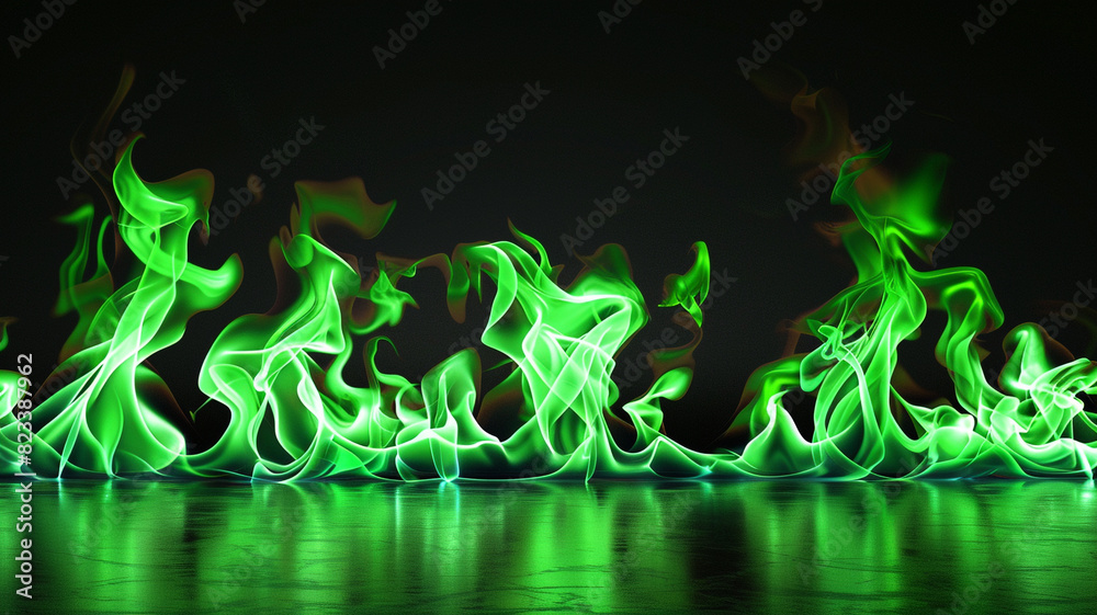 green fire flames burning on black background