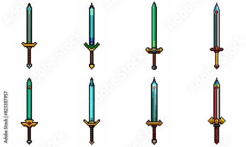 Pixel art weapon sword craft set. Retro rpg style swords isolated. Computer video game swords clip art. Pixelated longsword, dagger.  Swords isolated. Mine vector on white background.