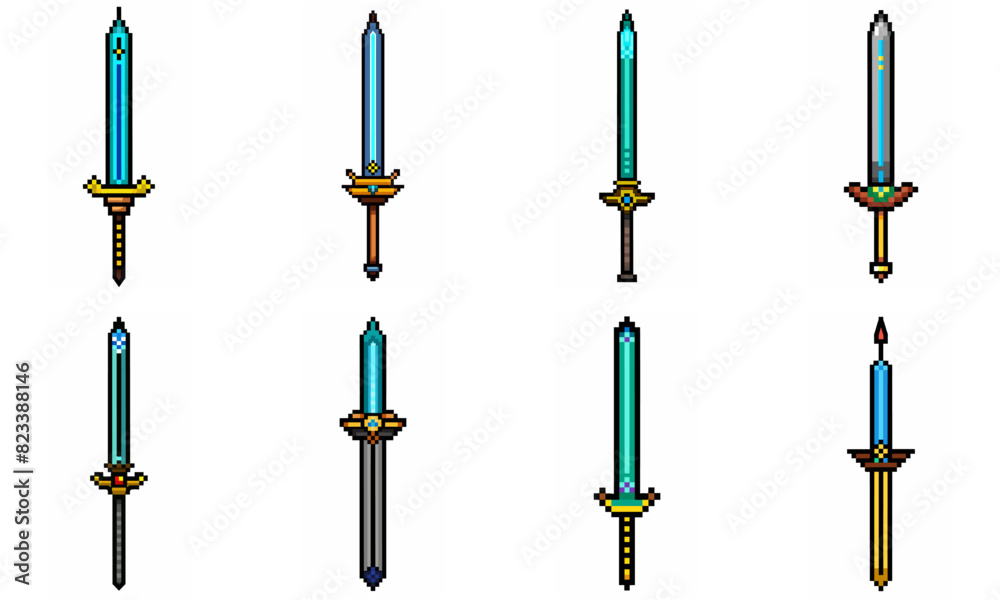Pixel art weapon sword craft set. Retro rpg style swords isolated. Computer video game swords clip art. Pixelated longsword, dagger. Swords isolated. Mine vector on white background. Pixel art weapon sword craft set. Retro rpg style swords isolated. Computer video game swords clip art. Pixelated longsword, dagger. Swords isolated. Mine vector on white background.