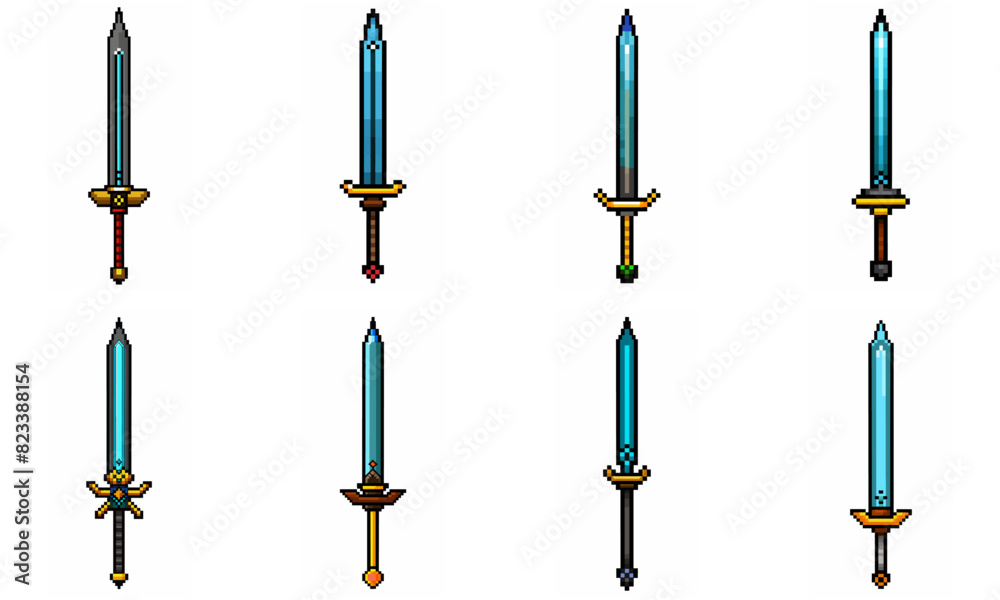 Pixel art weapon sword craft set. Retro rpg style swords isolated. Computer video game swords clip art. Pixelated longsword, dagger. Swords isolated. Mine vector on white background. Pixel art weapon sword craft set. Retro rpg style swords isolated. Computer video game swords clip art. Pixelated longsword, dagger. Swords isolated. Mine vector on white background.