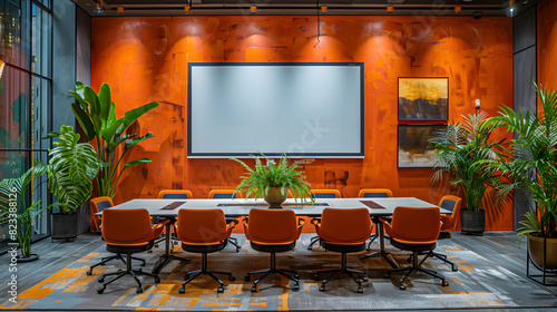 Business Meeting: A conference room setting with a long table, chairs, and apresentation screen, symbolizing collaboration and teamwork. photo