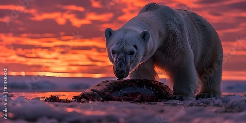 A stunning polar bear feasts on a seal carcass amidst the magical evening skies. Concept Wildlife Photography, Arctic Animals, Natural Habitat, Predatory Behavior, Evening Sky Wildlife
