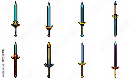 Pixel art weapon sword craft set. Retro rpg style swords isolated. Computer video game swords clip art. Pixelated longsword, dagger.  Swords isolated. Mine vector on white background.