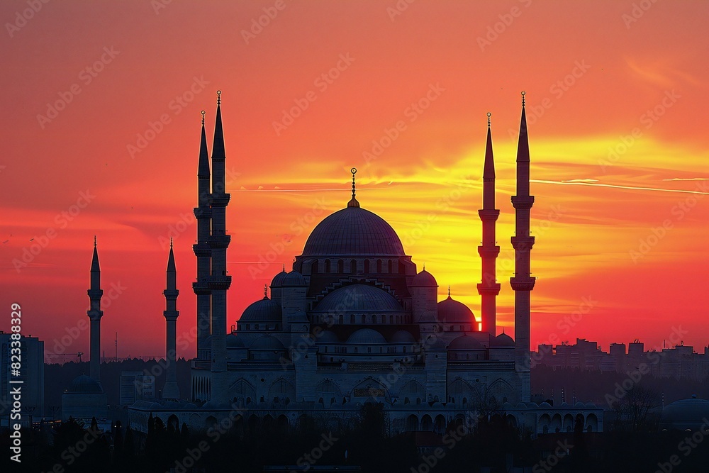 Digital image of sunrise over the mosque on the sunset background