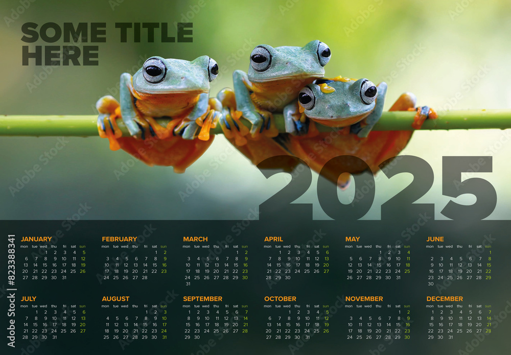 Dark full year horizontal calendar template for the year 2025 (monday first day) with a photo