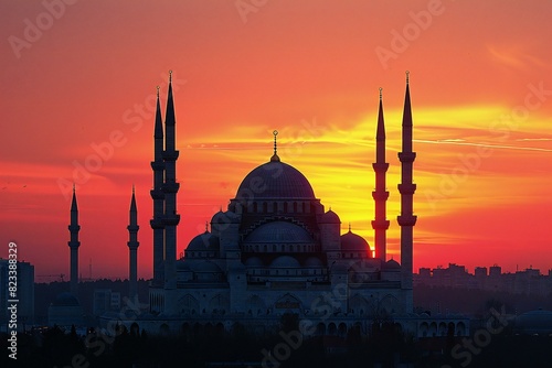 Digital image of sunrise over the mosque on the sunset background
