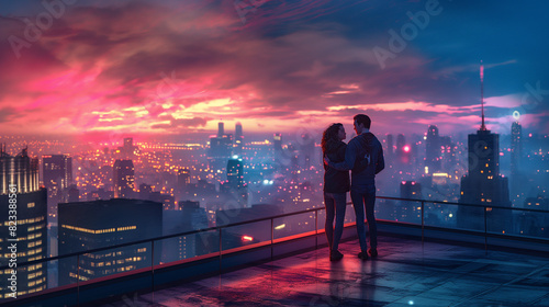 A couple sharing a moment on a rooftop overlooking city lights. Dynamic and dramatic composition, with cope space © Лариса Лазебная
