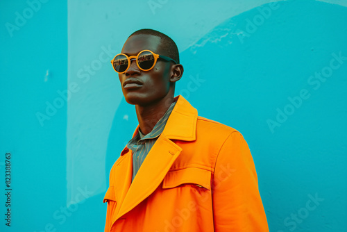 a black man wearing sunglasses and orange coat standing in front of a colorful wall background