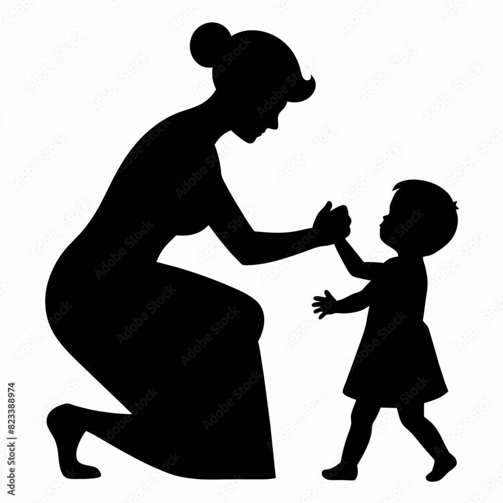 A mother play with her kids vector silhouette, white background