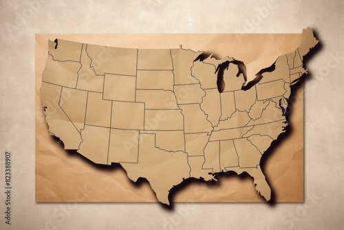 Antique-looking map of the united states on a crinkled beige paper background