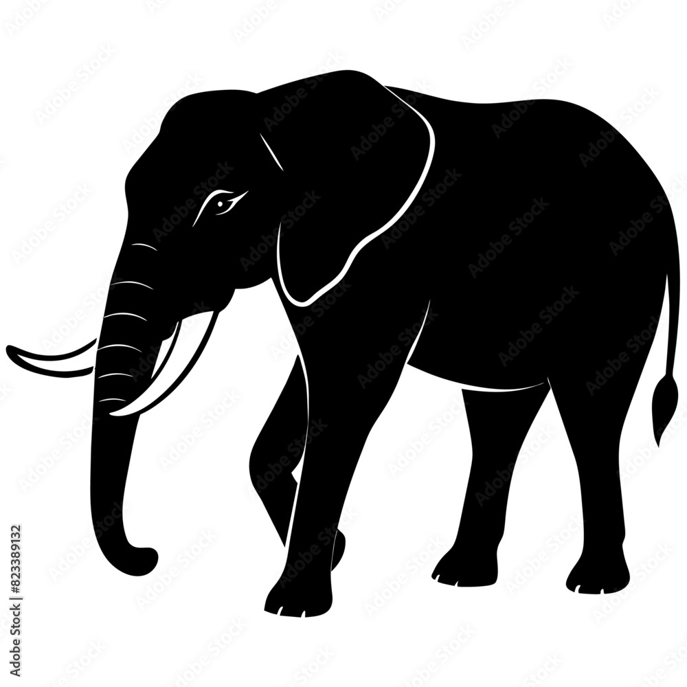 Obraz premium African elephant, walking vector silhouette, black color silhouette. white background
