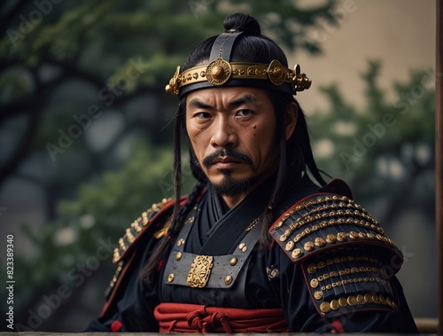 Japanese samurai in traditional armored armor. An ancient Asian warrior of antiquity. The culture of military Japan.
