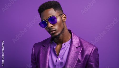 bright purple background african handsome guy model fashion portrait posing with sunglasses © SevenThreeSky