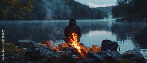 A man sits by a fire on a rocky shore by a lake