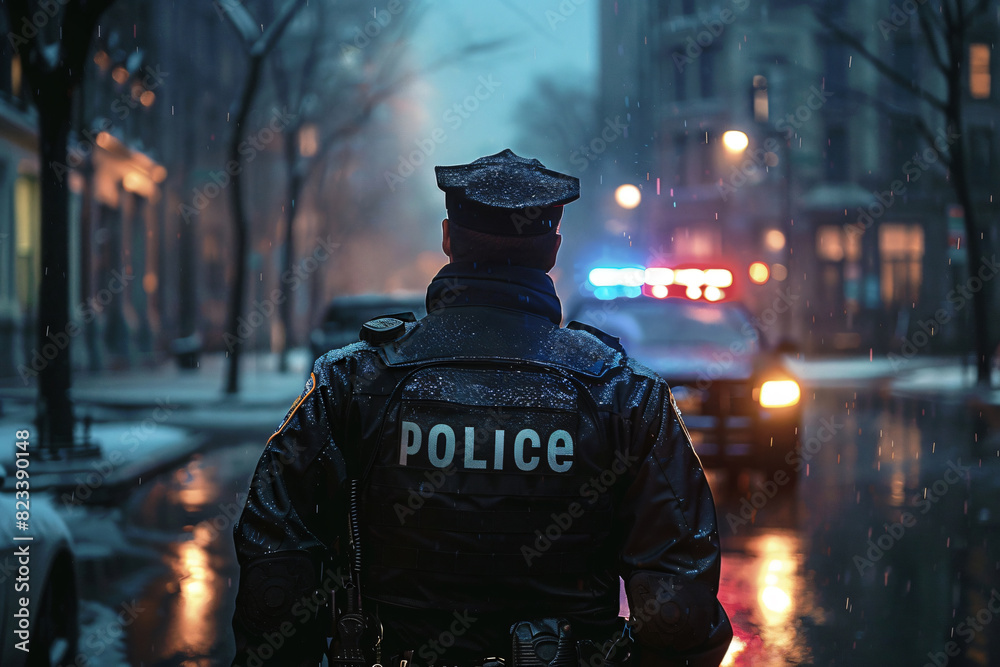 Back view portrait of a policeman standing on a cold winter night, illuminated by the lights of a patrol car in the background. Back view portrait of a policeman standing on a cold winter night, illuminated by the lights of a patrol car in the background.
