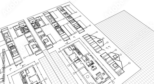 house plan sketch project 3d illustration