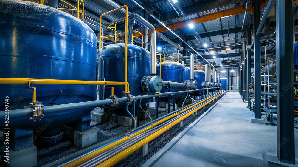 A large industrial building with many tanks and pipes. The tanks are blue and yellow A large industrial building with many tanks and pipes. The tanks are blue and yellow
