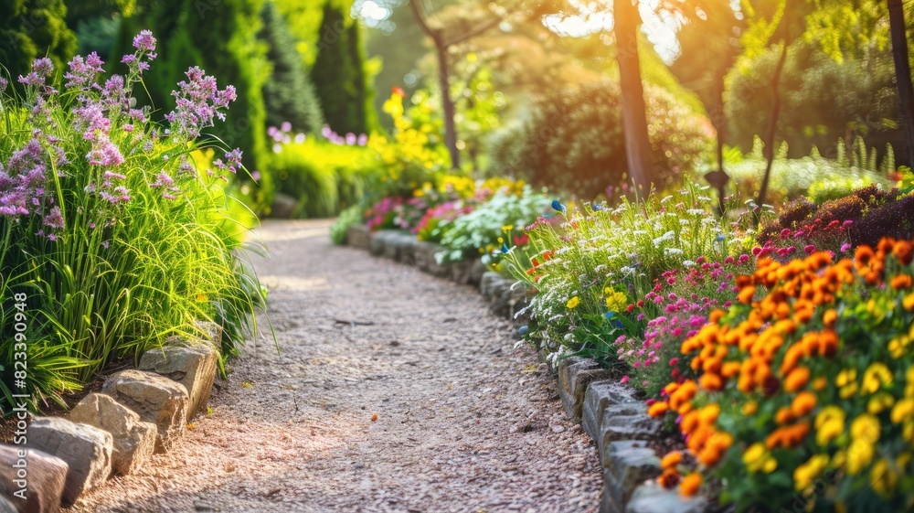 Flower-lined garden path in sunlight with lush greenery Flower-lined garden path in sunlight with lush greenery