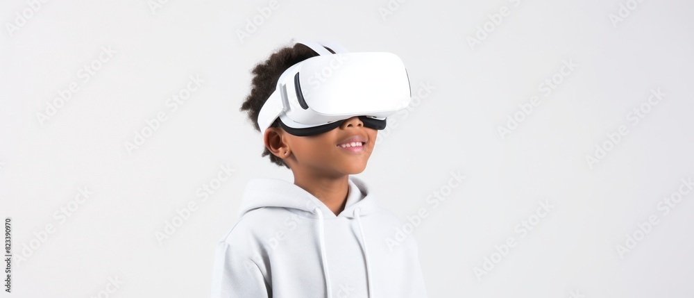Cheerful kid in virtual reality headset Cheerful kid in virtual reality headset