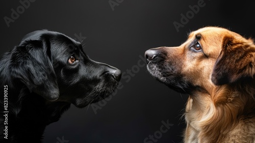 Two dogs facing each other against dark background, one black and brown