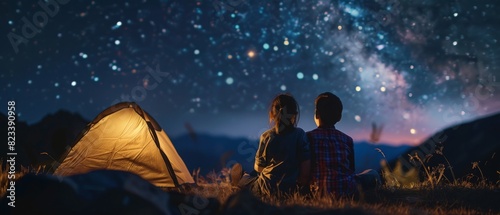 Two people are sitting on the grass under the stars
