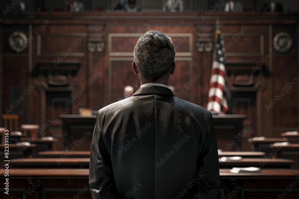 Focused Lawyer in Courtroom Advocating for Justice Focused Lawyer in Courtroom Advocating for Justice