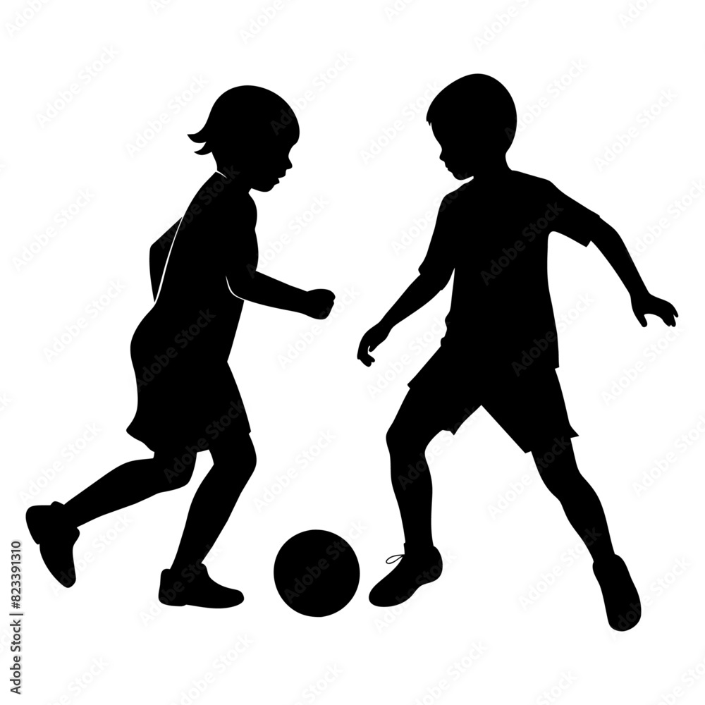 siblings are playing with a soccer ball vector silhouette, white background