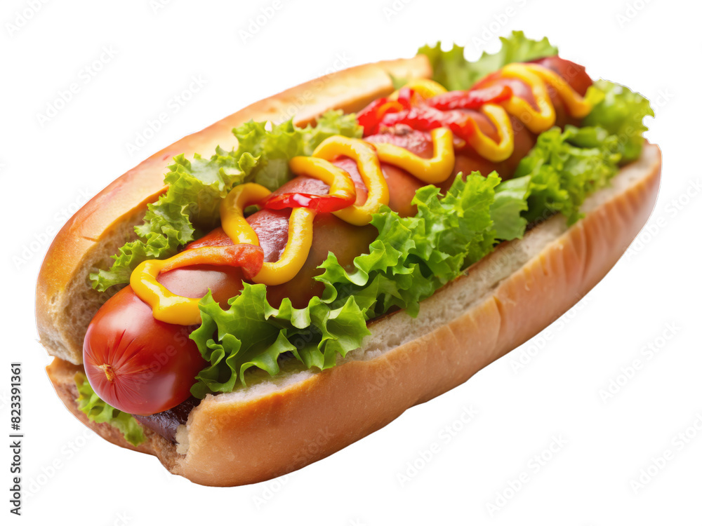Hot Dog on a Bun with Lettuce and Mustard Hot Dog on a Bun with Lettuce and Mustard