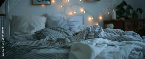 Messy bed with patterned bedding in dimly lit room, adorned string lights and houseplants photo