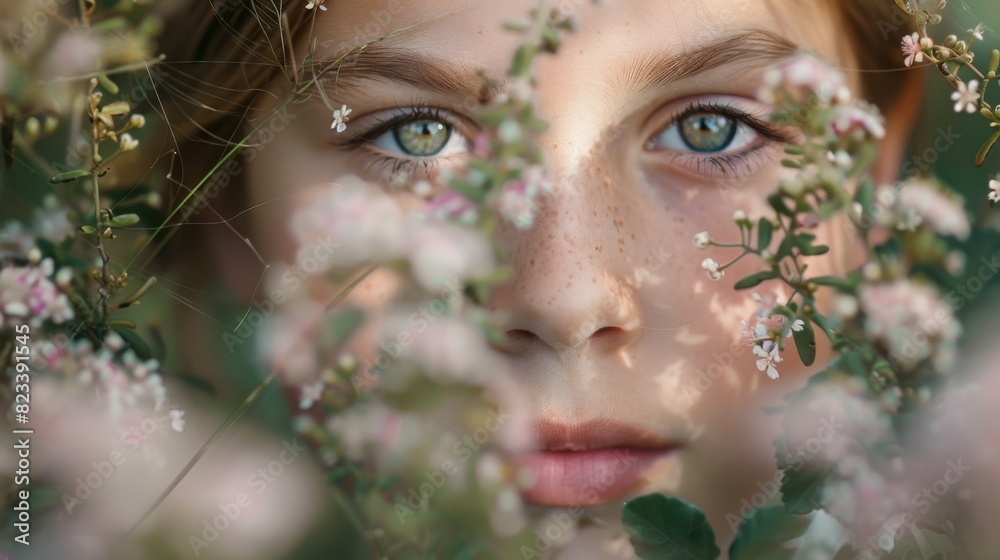 A girl with green eyes is in a field of flowers A girl with green eyes is in a field of flowers