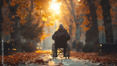 The image captures a solitary figure in a wheelchair amidst a beautiful autumn park with sunrays photo