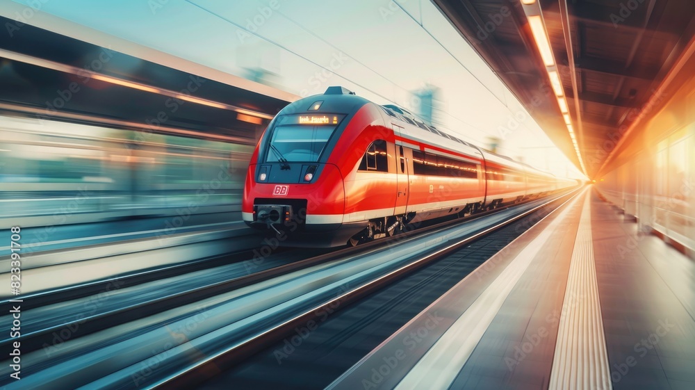 High-speed train in motion at sunset with blur High-speed train in motion at sunset with blur