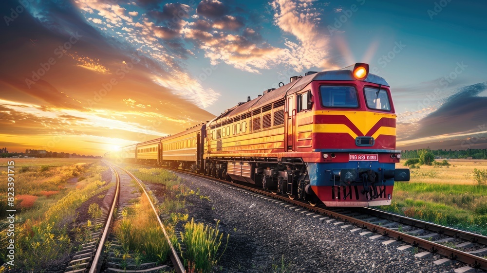 Train traveling through countryside at sunset Train traveling through countryside at sunset