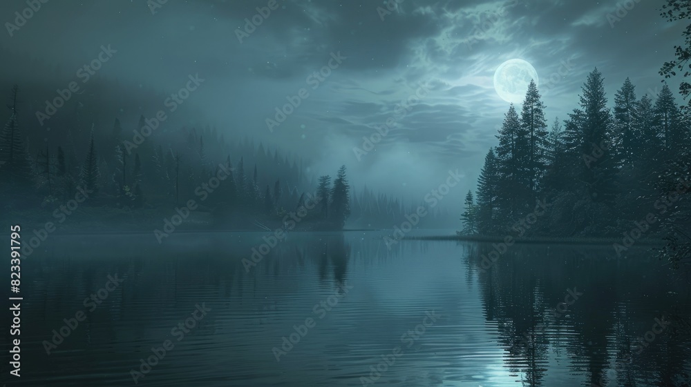 Fototapeta premium Moonlit night over tranquil forest lake with fog