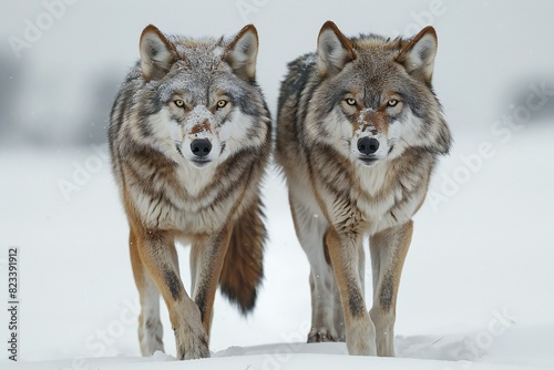 Digital artwork of two gray wolves walking on snow with white background