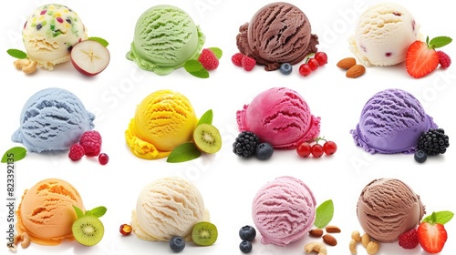ice cream balls in waffle cones with ice cream ingredients - fruits, berries and sweets. Isolated on a white background,Ice cream in waffle cones with berries and mint.