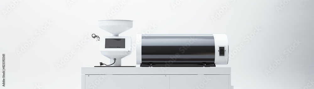 Modern coffee roasting machine in a minimalistic white setting, perfect for professional coffee shops or industrial coffee production. Modern coffee roasting machine in a minimalistic white setting, perfect for professional coffee shops or industrial coffee production.