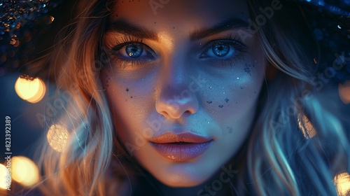Close-up of a woman with starry makeup, glowing festive lights adding a magical and enchanting mood