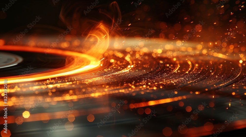 An abstract image featuring close-up of a spinning vinyl record with glowing particles resembling a fiery, magical scene