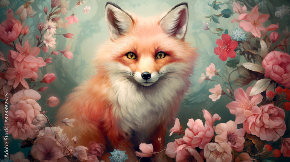 Obraz premium happy cutered fox in flower blossom atmosphere golden pastel colorful oil paint abstract art